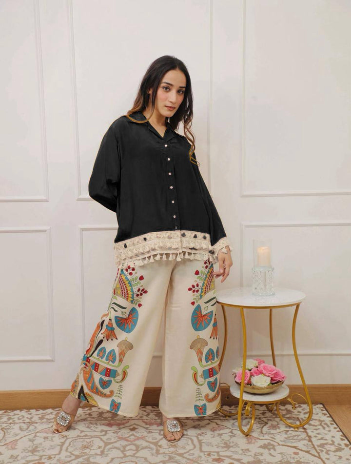 Branded Rayon Banzaran Black Rayon A-Cut Top With Digital Print Plazo Set