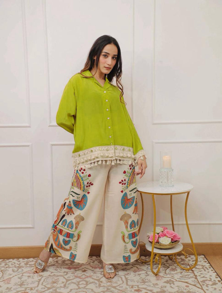Branded Rayon Banzaran Neon Green Rayon A-Cut Top With Digital Print Plazo Set