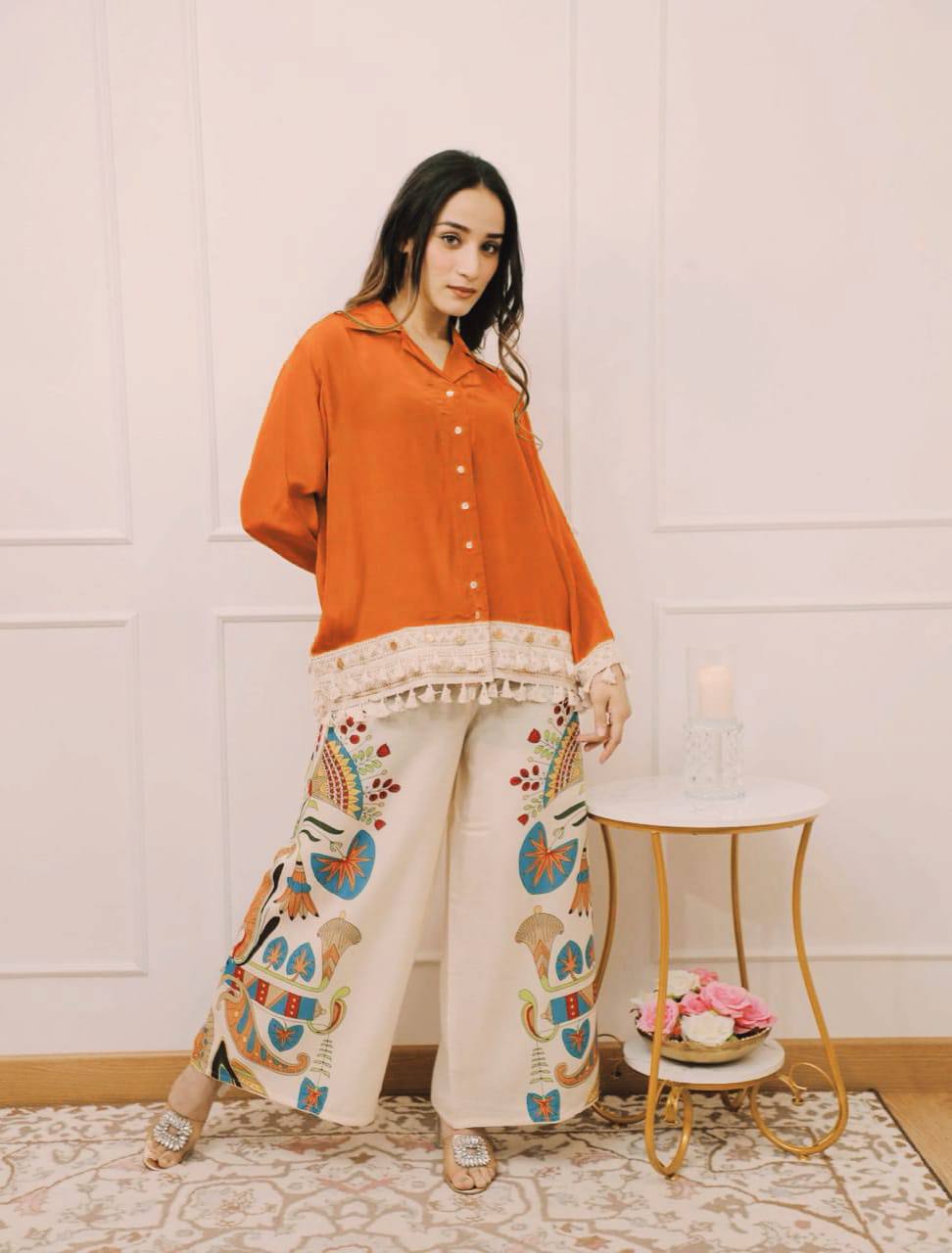 Branded Rayon Banzaran Orange Rayon A-Cut Top With Digital Print Plazo Set