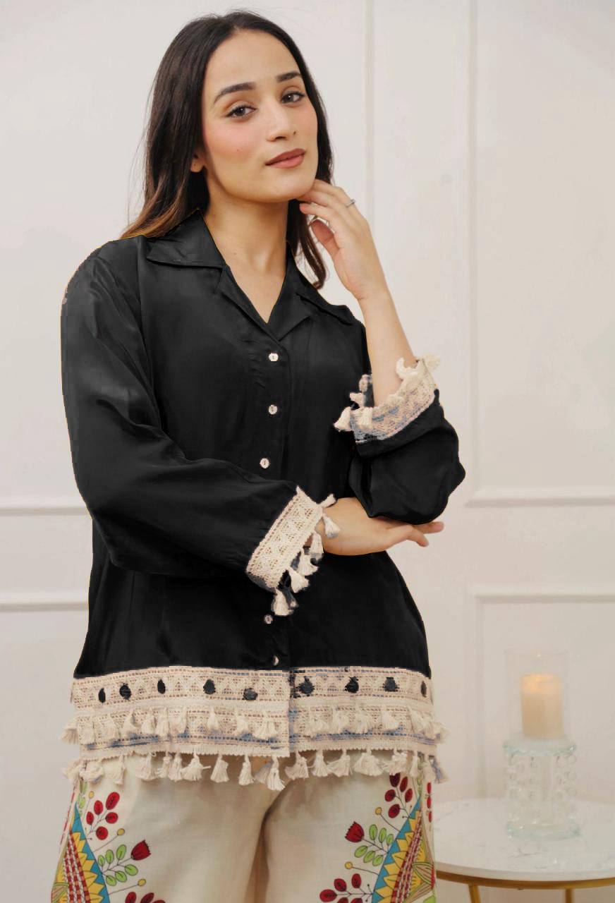 Branded Rayon Banzaran Black Rayon A-Cut Top With Digital Print Plazo Set