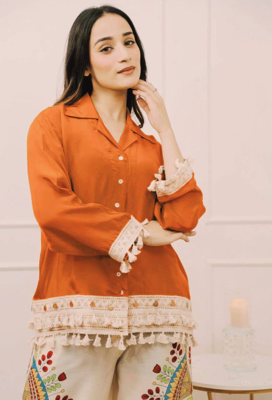 Branded Rayon Banzaran Orange Rayon A-Cut Top With Digital Print Plazo Set