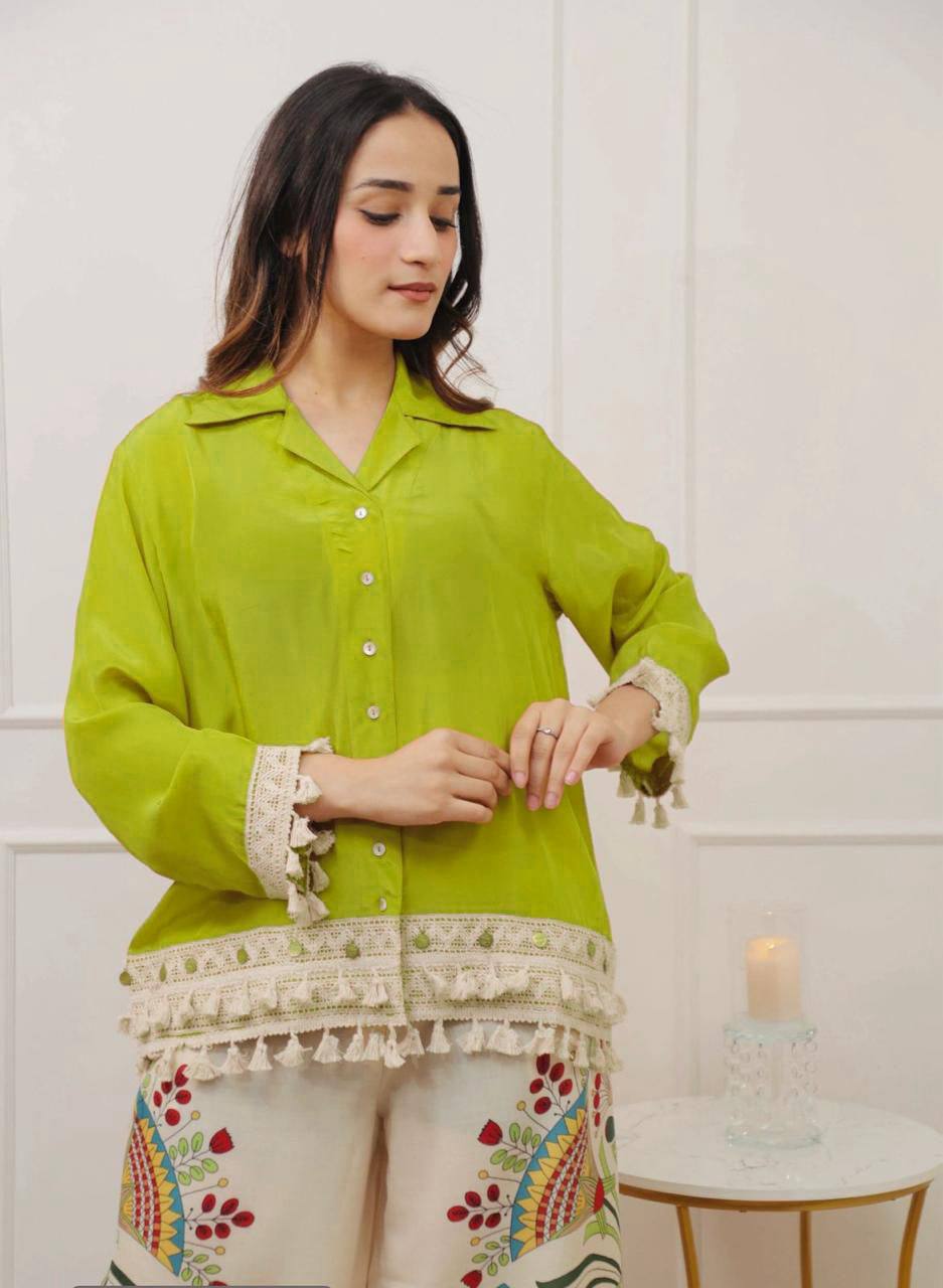 Branded Rayon Banzaran Neon Green Rayon A-Cut Top With Digital Print Plazo Set