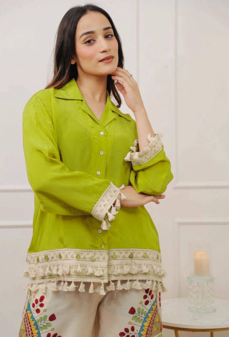 Branded Rayon Banzaran Neon Green Rayon A-Cut Top With Digital Print Plazo Set