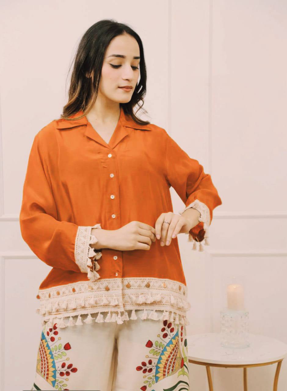 Branded Rayon Banzaran Orange Rayon A-Cut Top With Digital Print Plazo Set