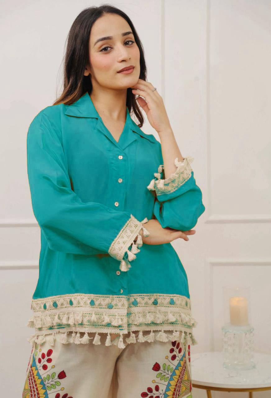 Branded Rayon Banzaran Sky Blue Rayon A-Cut Top With Digital Print Plazo Set