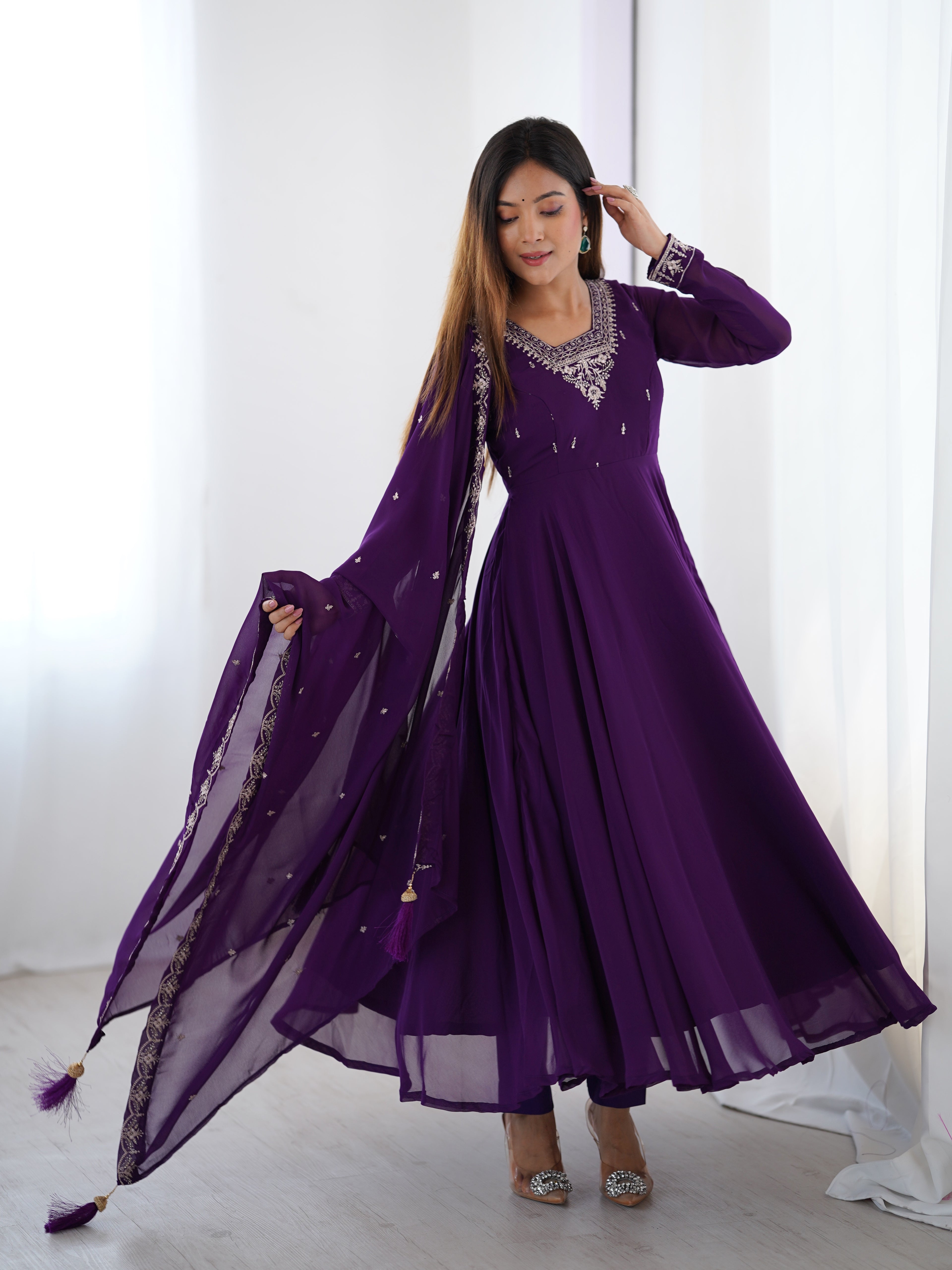 Pure Soft Purple Fox Georgette Heavy Embroidery Fully Flared Anarkali Suit Set with Dupatta & Pant