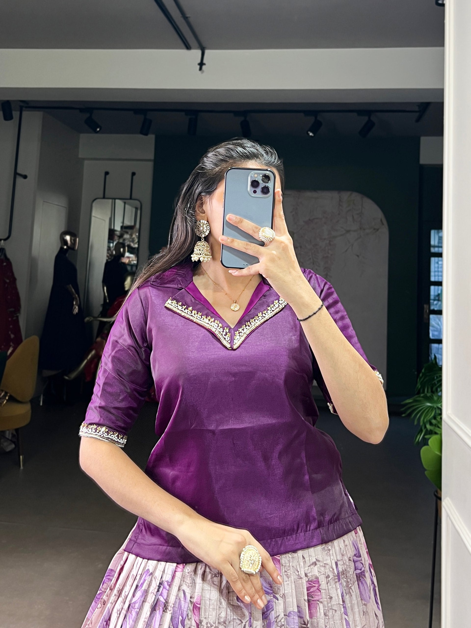 Dola Chex Floral Print Zari Weaving Lehenga with Handwork Banglory Blouse – Fully Stitched & Ready to Wear