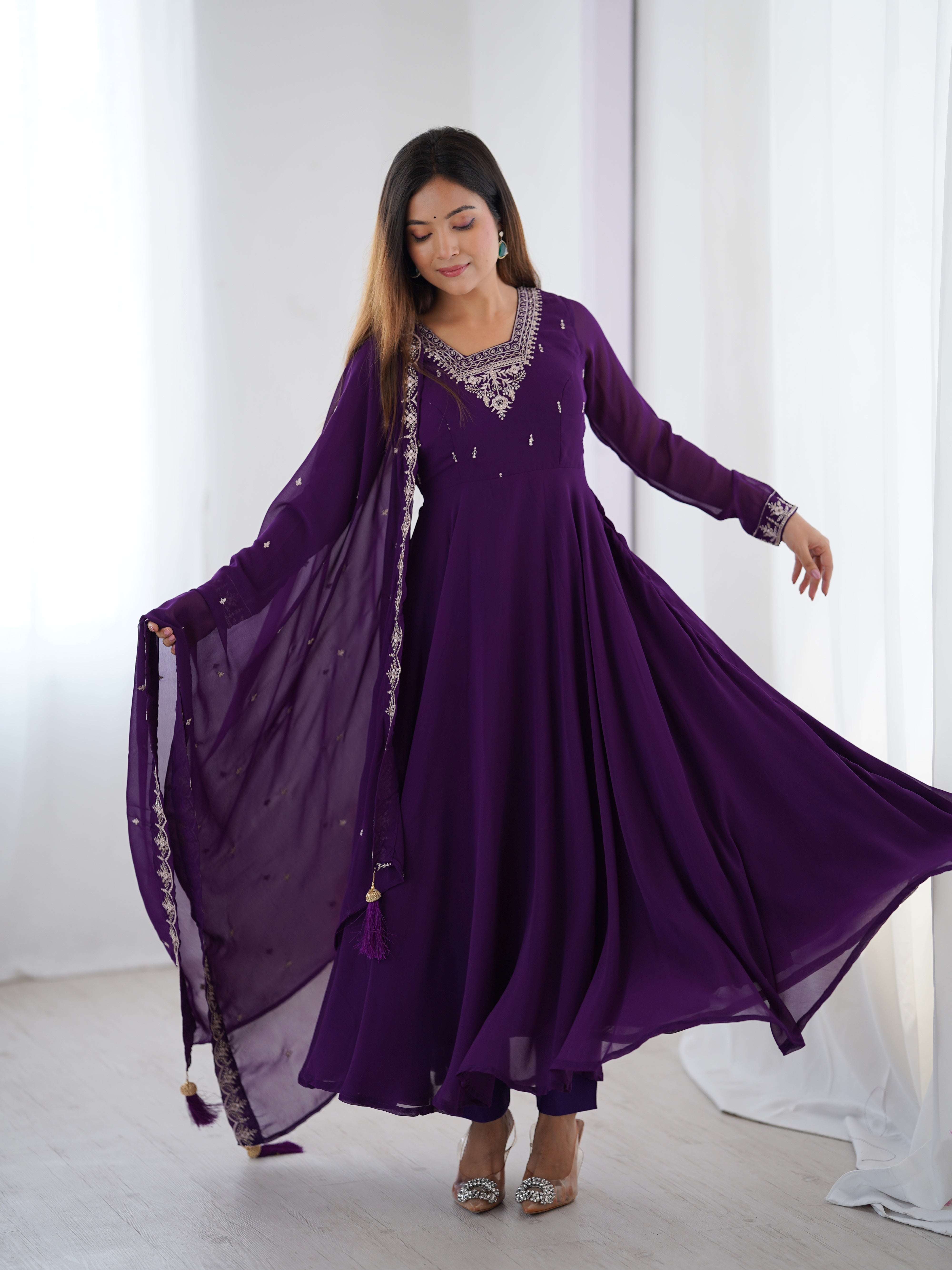 Pure Soft Purple Fox Georgette Heavy Embroidery Fully Flared Anarkali Suit Set with Dupatta & Pant