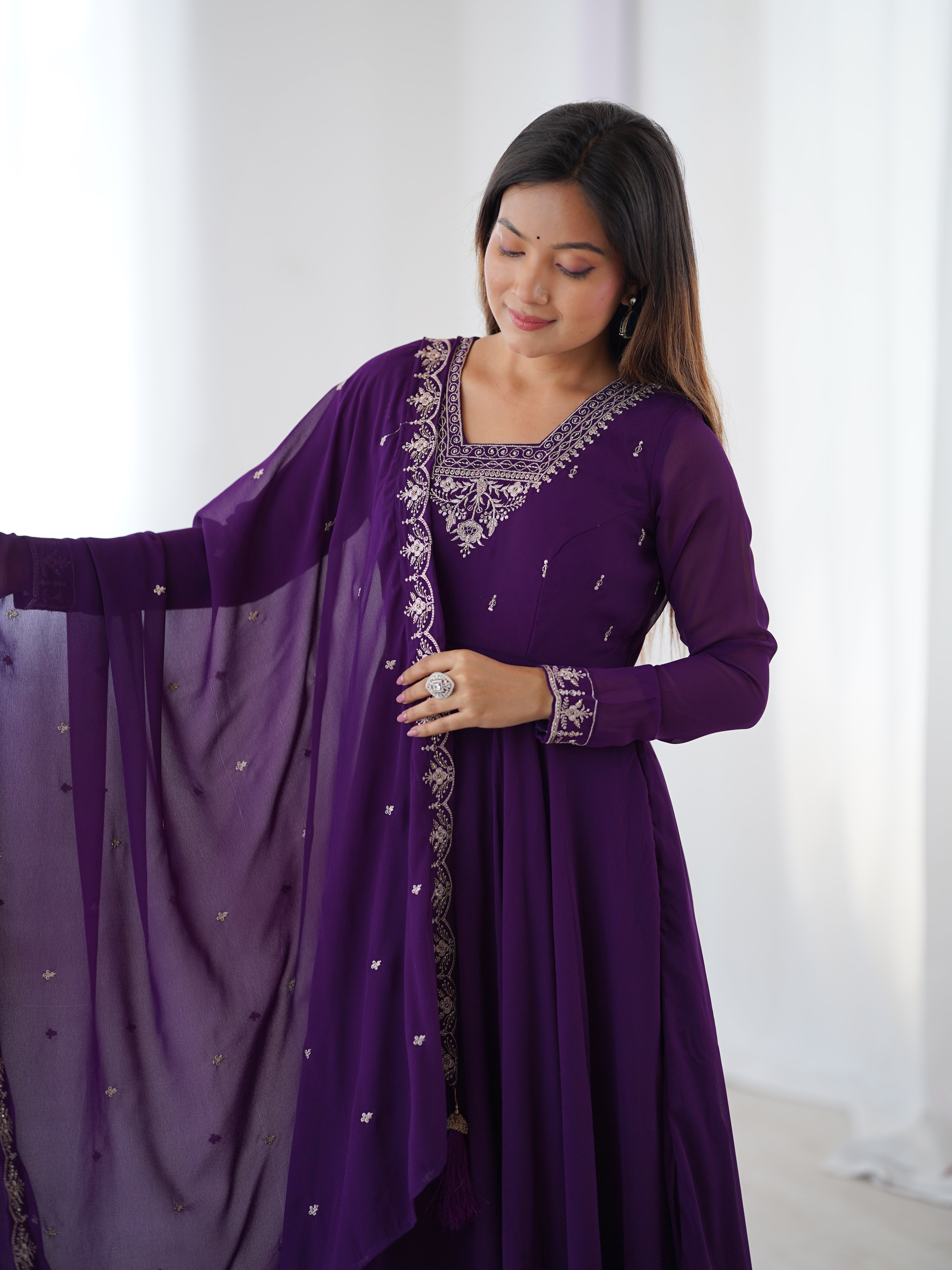 Pure Soft Purple Fox Georgette Heavy Embroidery Fully Flared Anarkali Suit Set with Dupatta & Pant