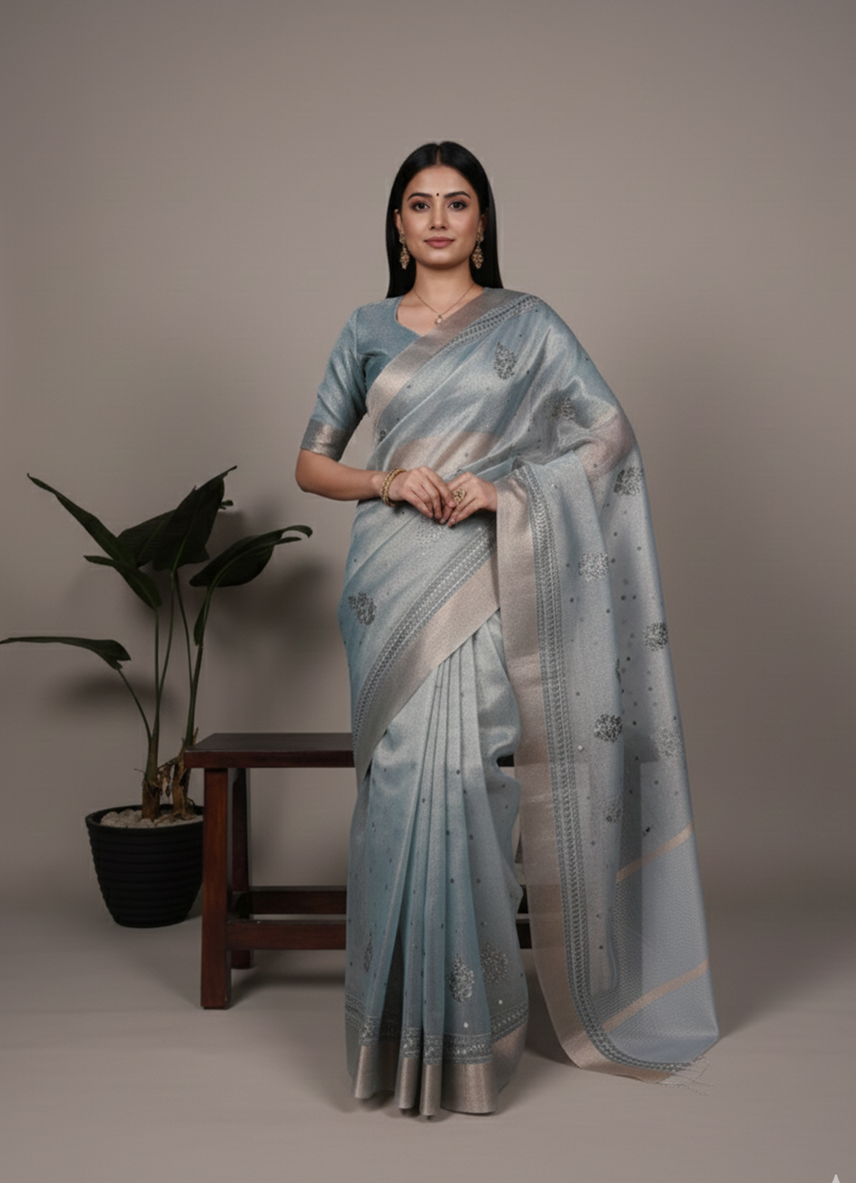 Lightweight Party Wear Shine Blue Poly Shimmer Saree with Thread Embroidery