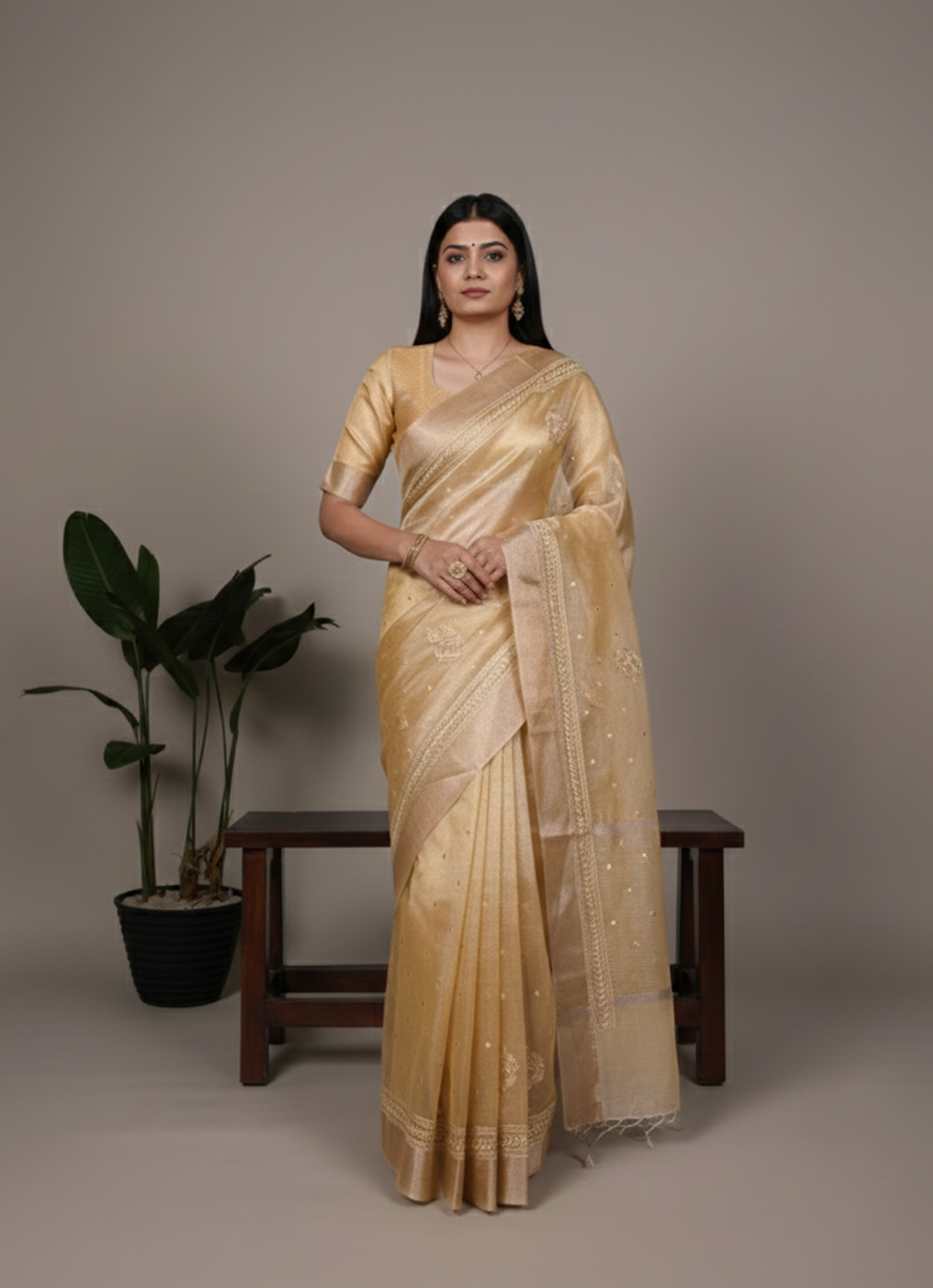 Lightweight Party Wear Shine Yellow Poly Shimmer Saree with Thread Embroidery