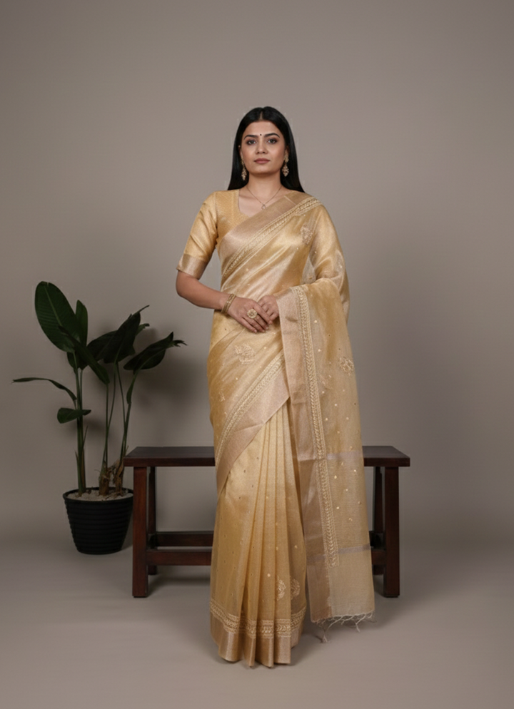 Lightweight Party Wear Shine Yellow Poly Shimmer Saree with Thread Embroidery