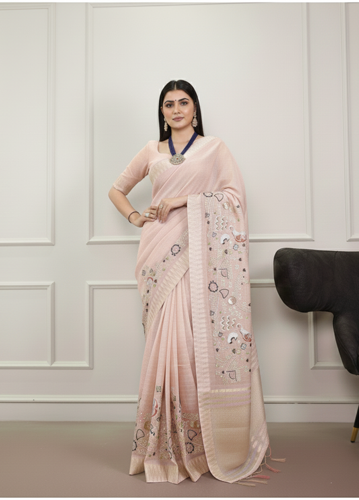 Elegant Party Wear Saree with Zari Border & Unstitched Blouse