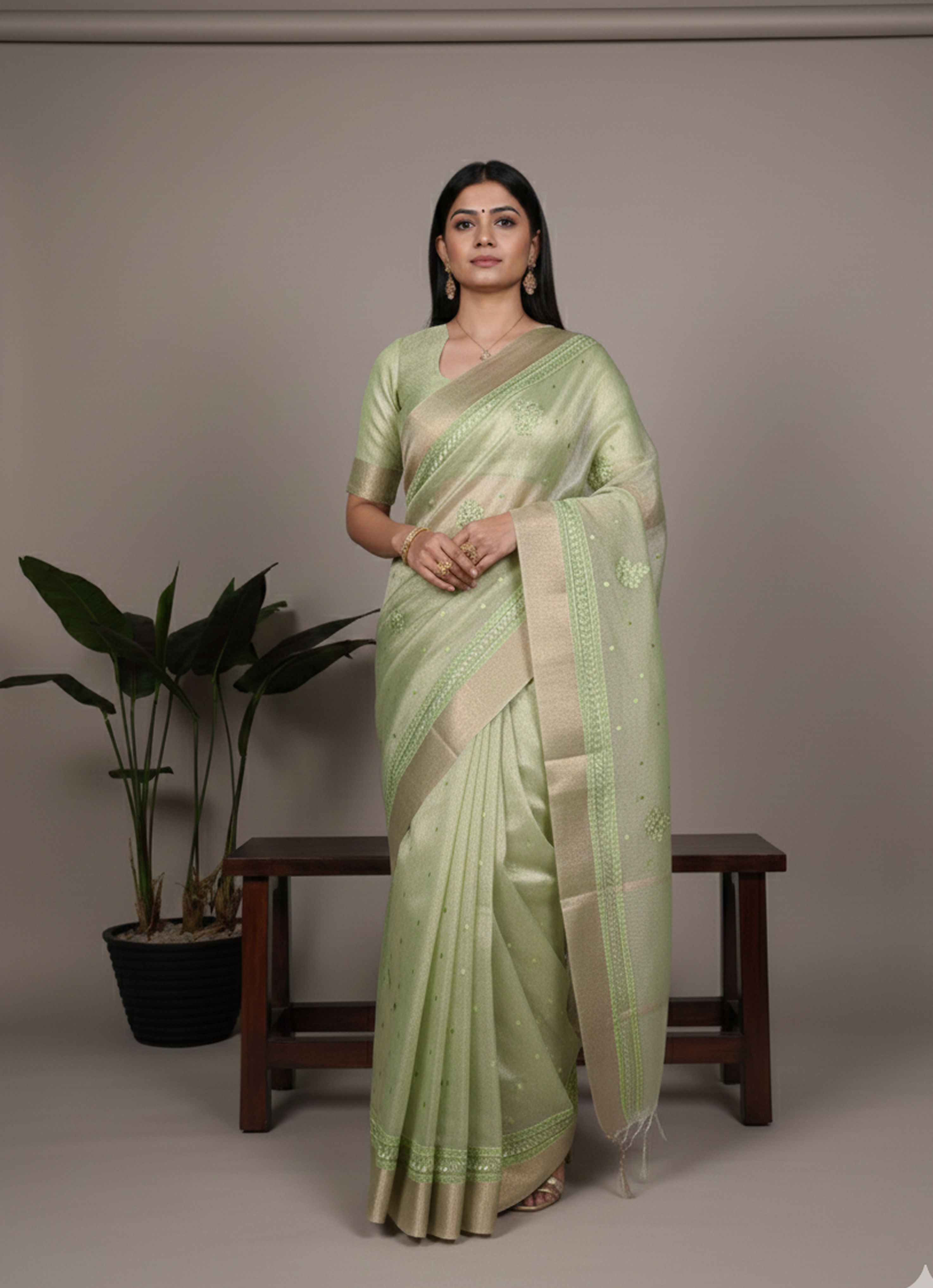 Lightweight Party Wear Shine Pista Poly Shimmer Saree with Thread Embroidery