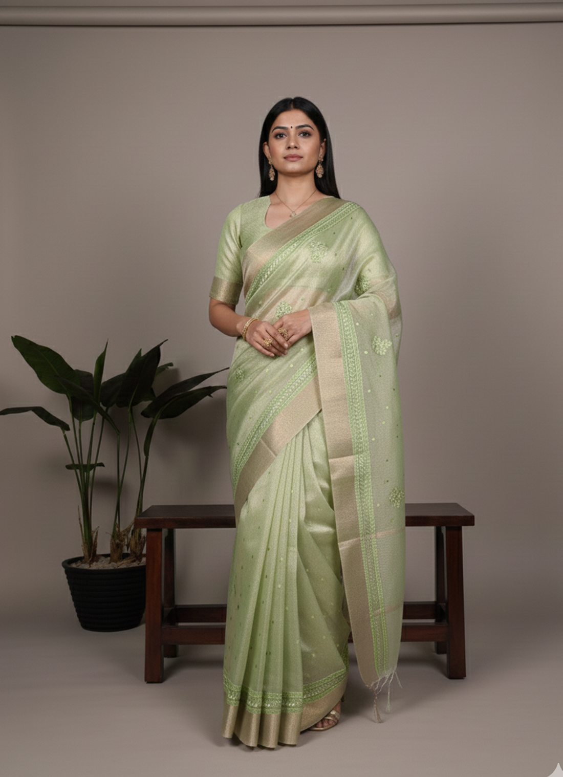 Lightweight Party Wear Shine Pista Poly Shimmer Saree with Thread Embroidery