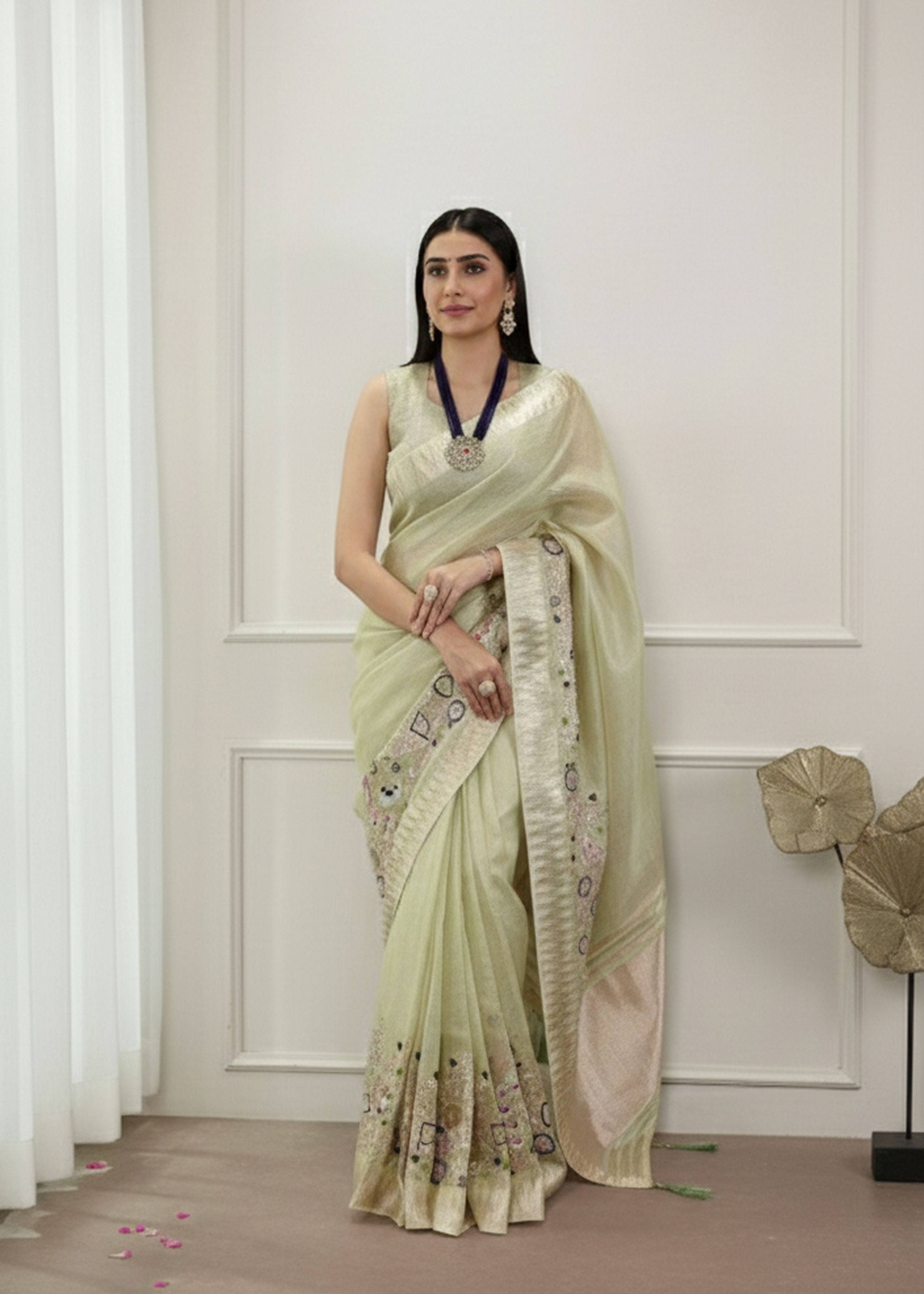 Elegant Party Wear Saree with Zari Border & Unstitched Blouse 5