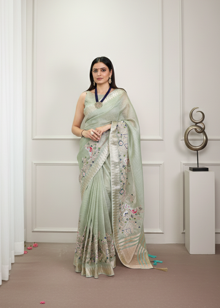 Elegant Party Wear Saree with Zari Border & Unstitched Blouse 4