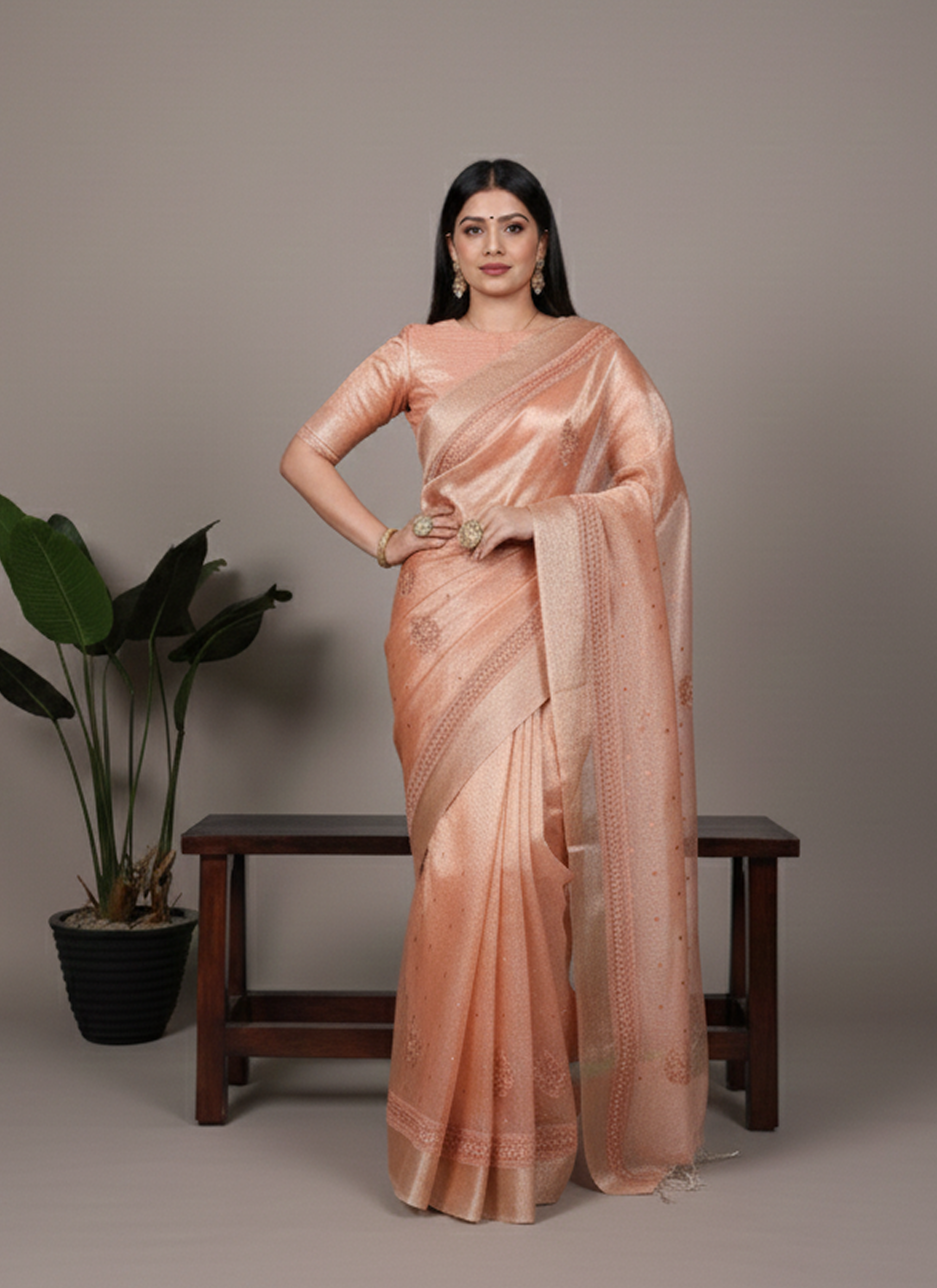 Lightweight Party Wear Shine Orange Poly Shimmer Saree with Thread Embroidery