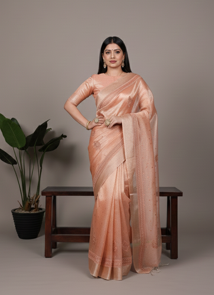 Lightweight Party Wear Shine Orange Poly Shimmer Saree with Thread Embroidery