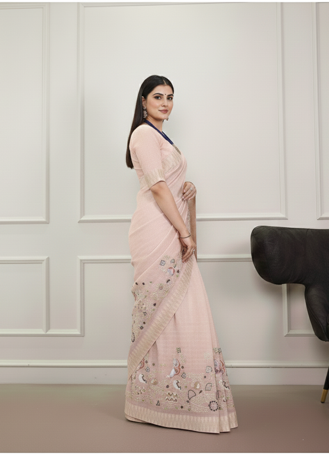 Elegant Party Wear Saree with Zari Border & Unstitched Blouse