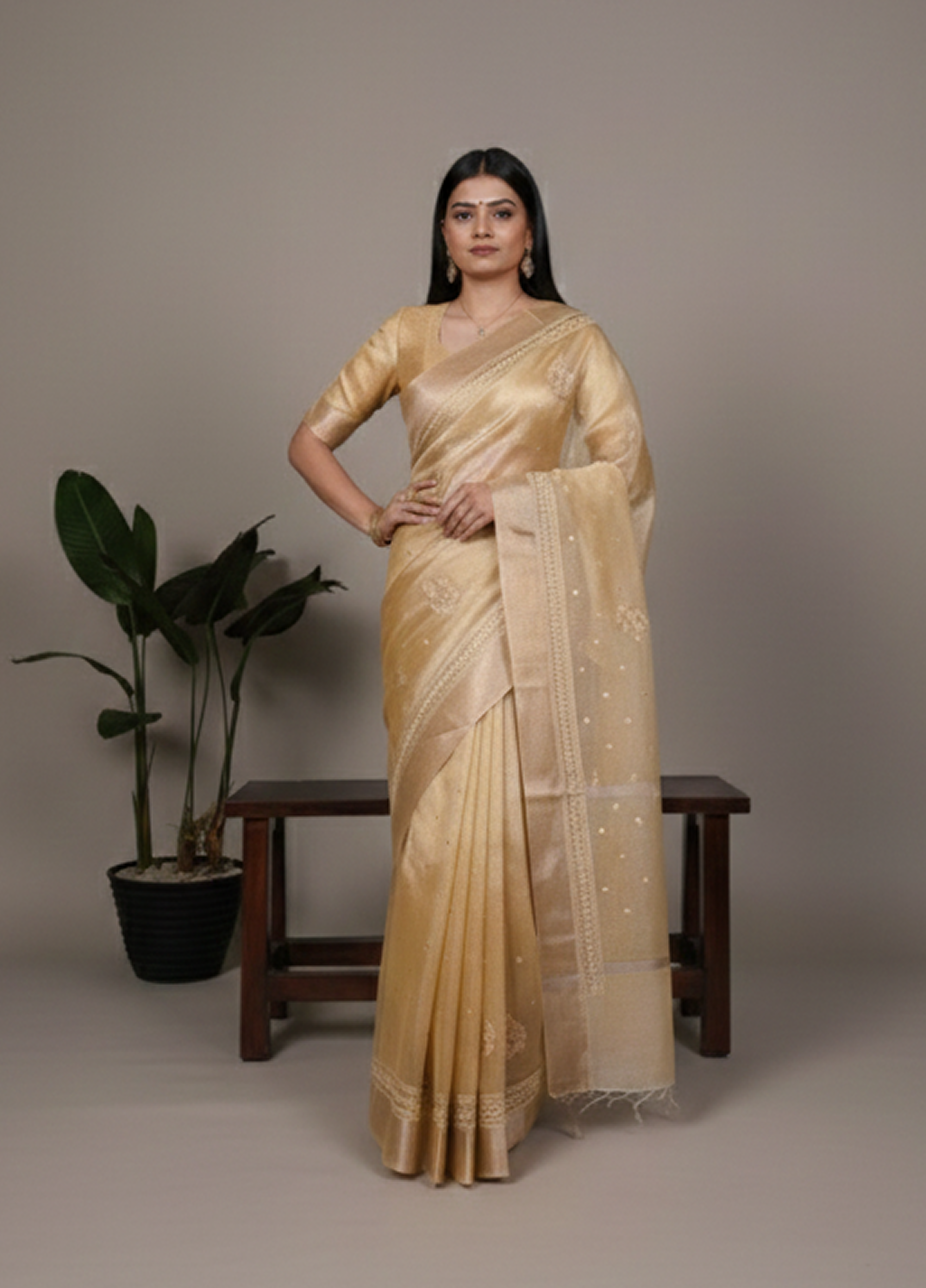 Lightweight Party Wear Shine Yellow Poly Shimmer Saree with Thread Embroidery