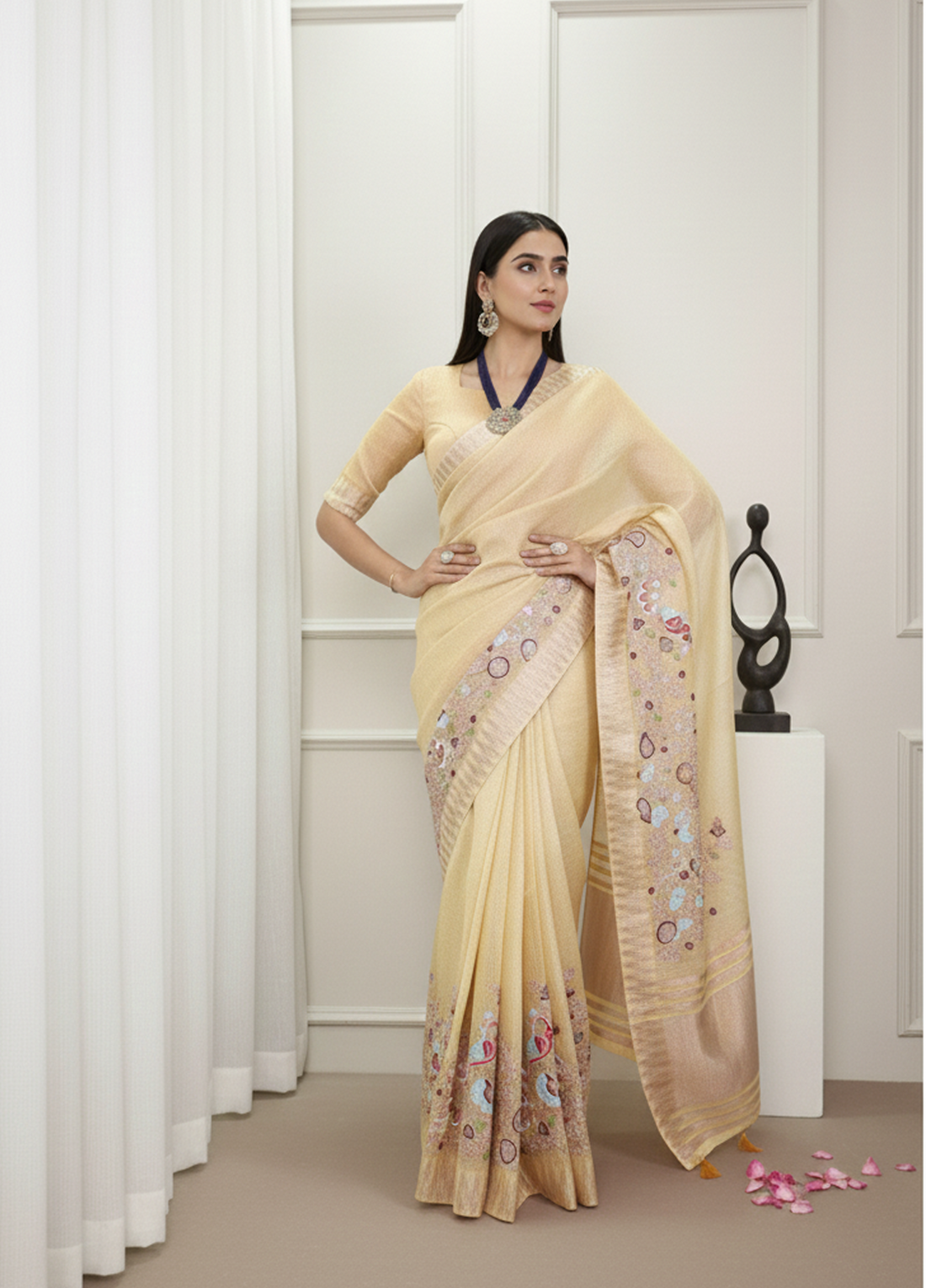 Elegant Party Wear Saree with Zari Border & Unstitched Blouse 2