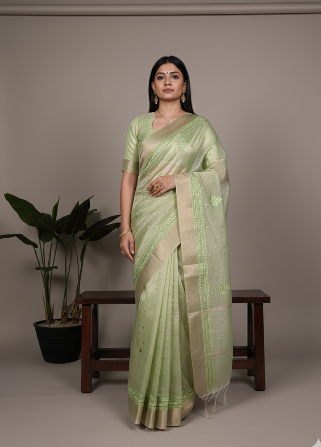 Lightweight Party Wear Shine Pista Poly Shimmer Saree with Thread Embroidery