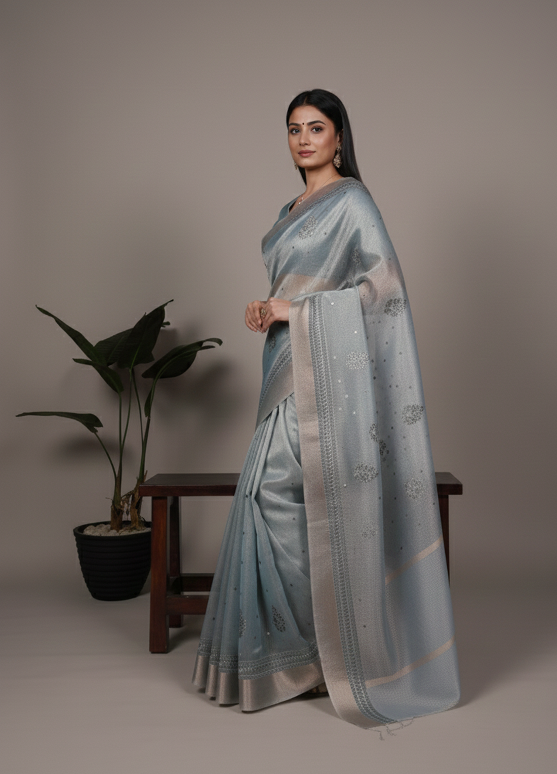 Lightweight Party Wear Shine Blue Poly Shimmer Saree with Thread Embroidery