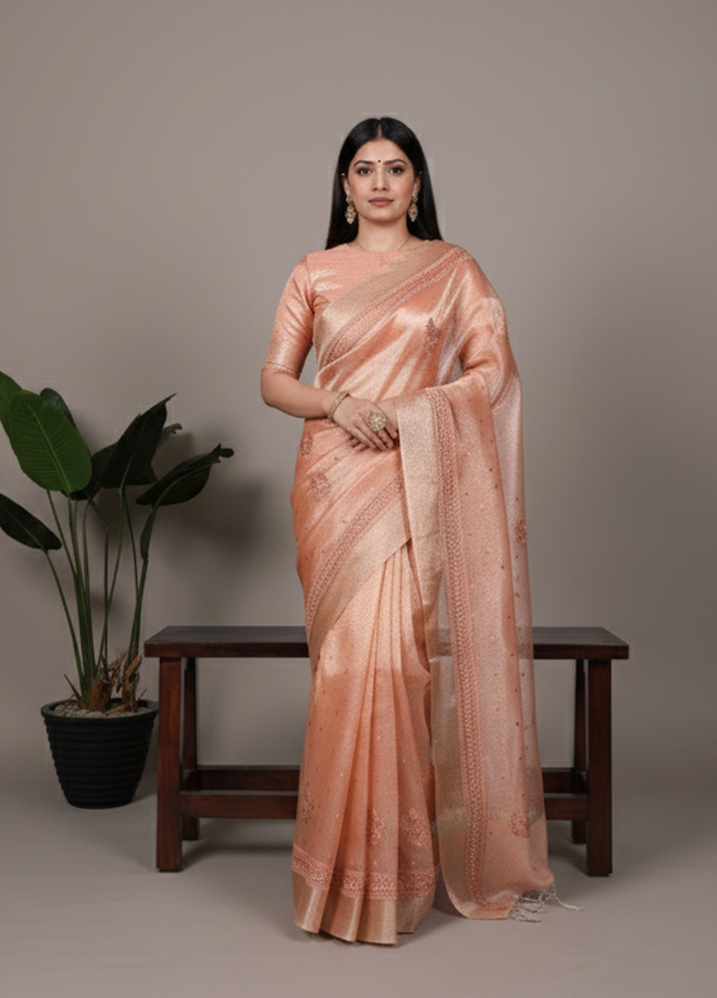 Lightweight Party Wear Shine Orange Poly Shimmer Saree with Thread Embroidery