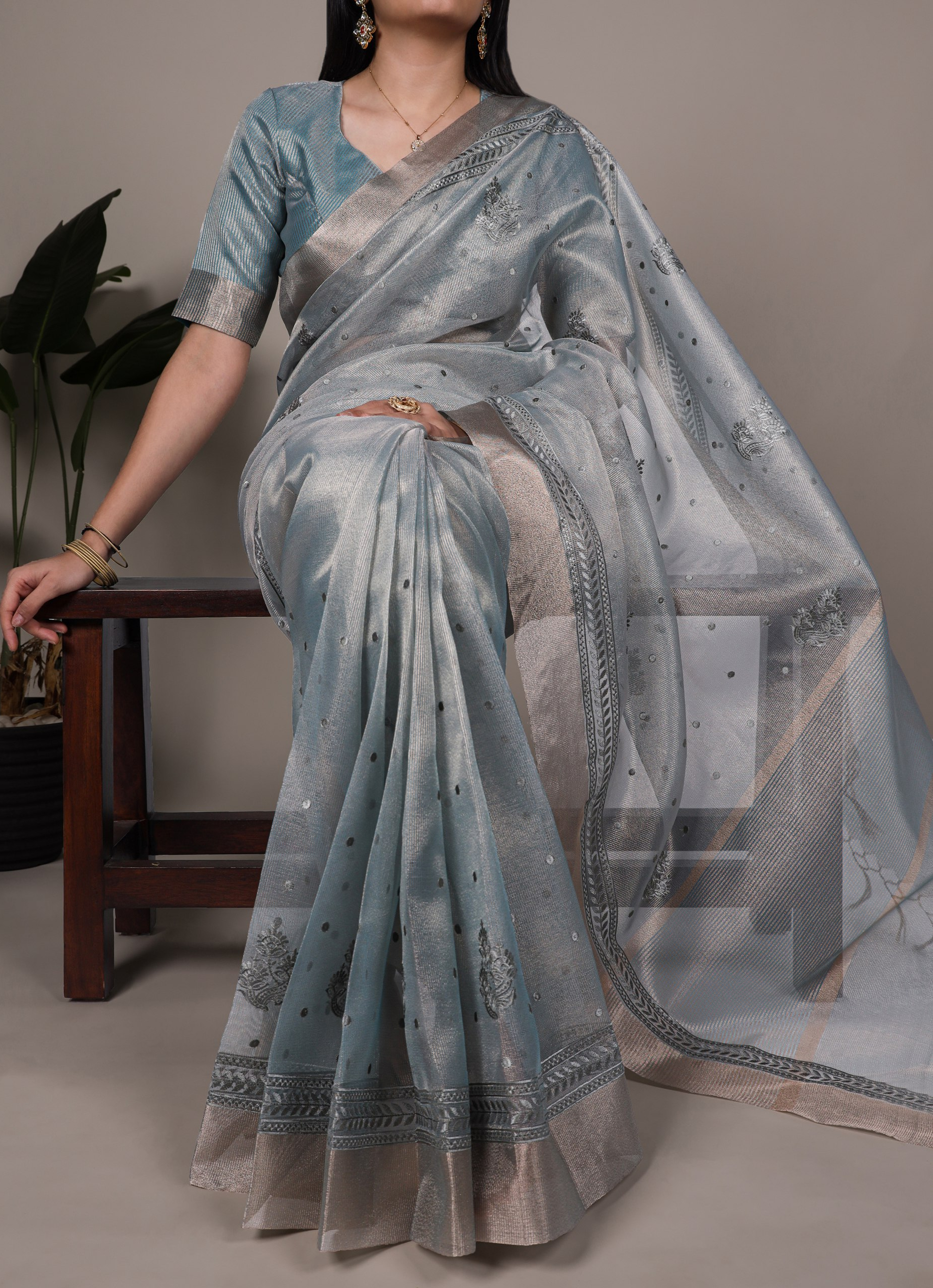 Lightweight Party Wear Shine Blue Poly Shimmer Saree with Thread Embroidery