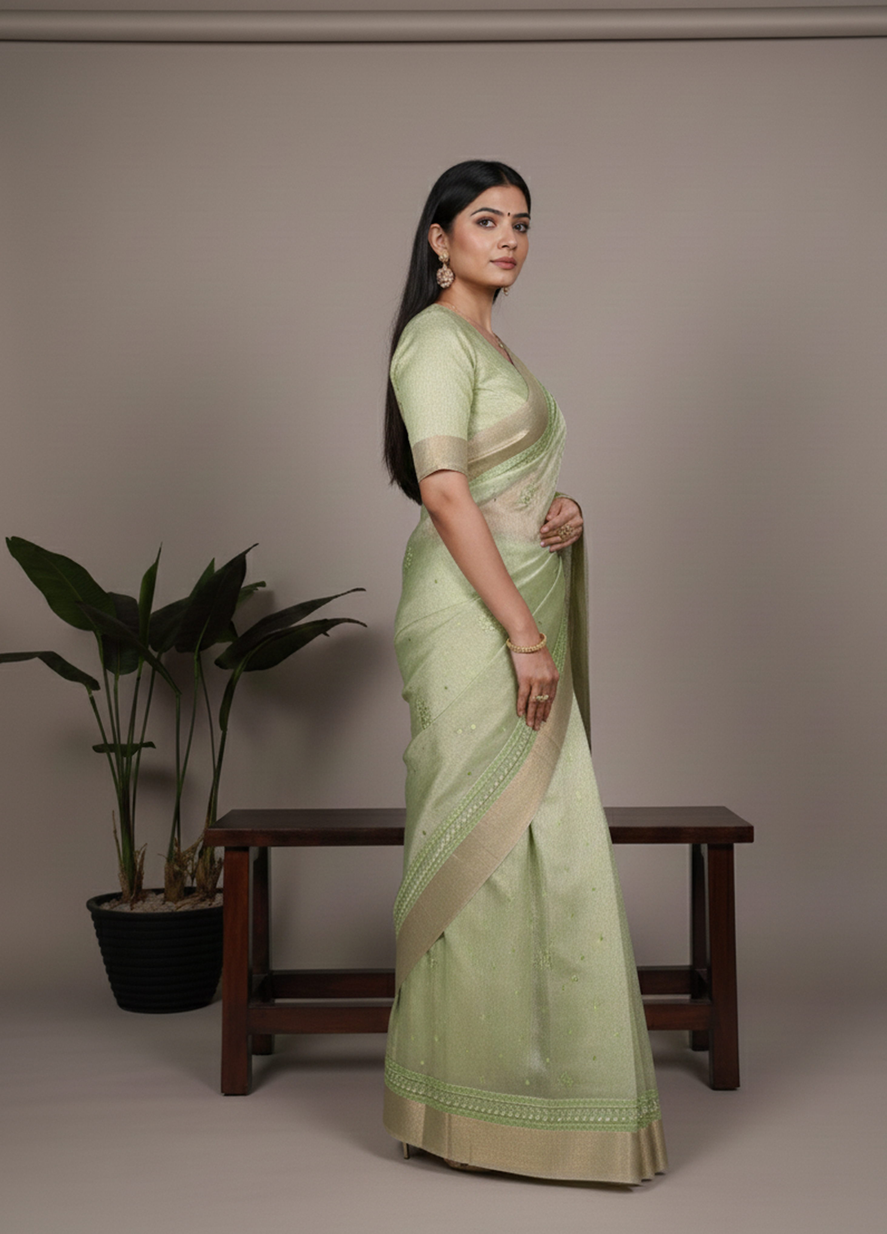 Lightweight Party Wear Shine Pista Poly Shimmer Saree with Thread Embroidery