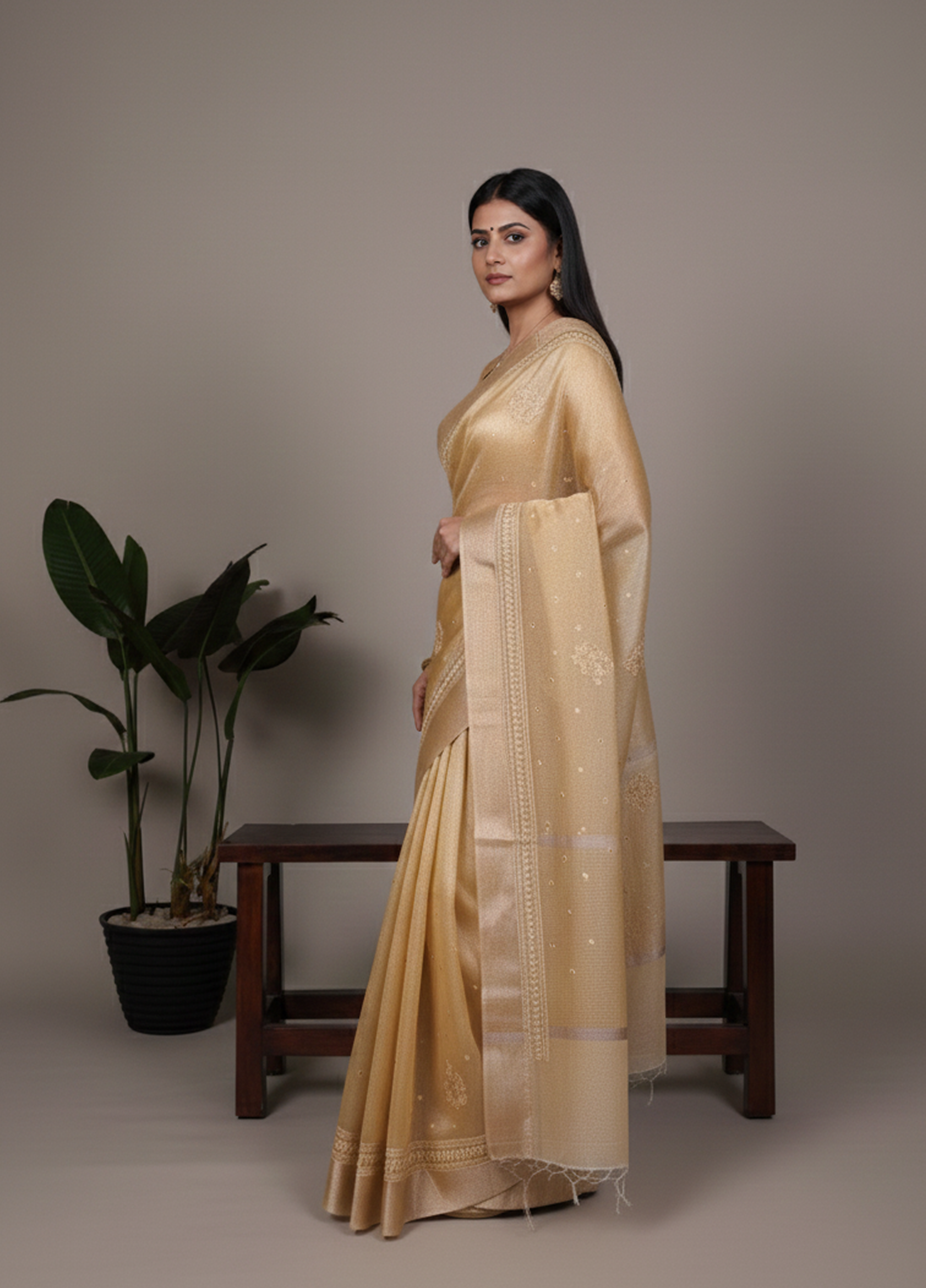 Lightweight Party Wear Shine Yellow Poly Shimmer Saree with Thread Embroidery