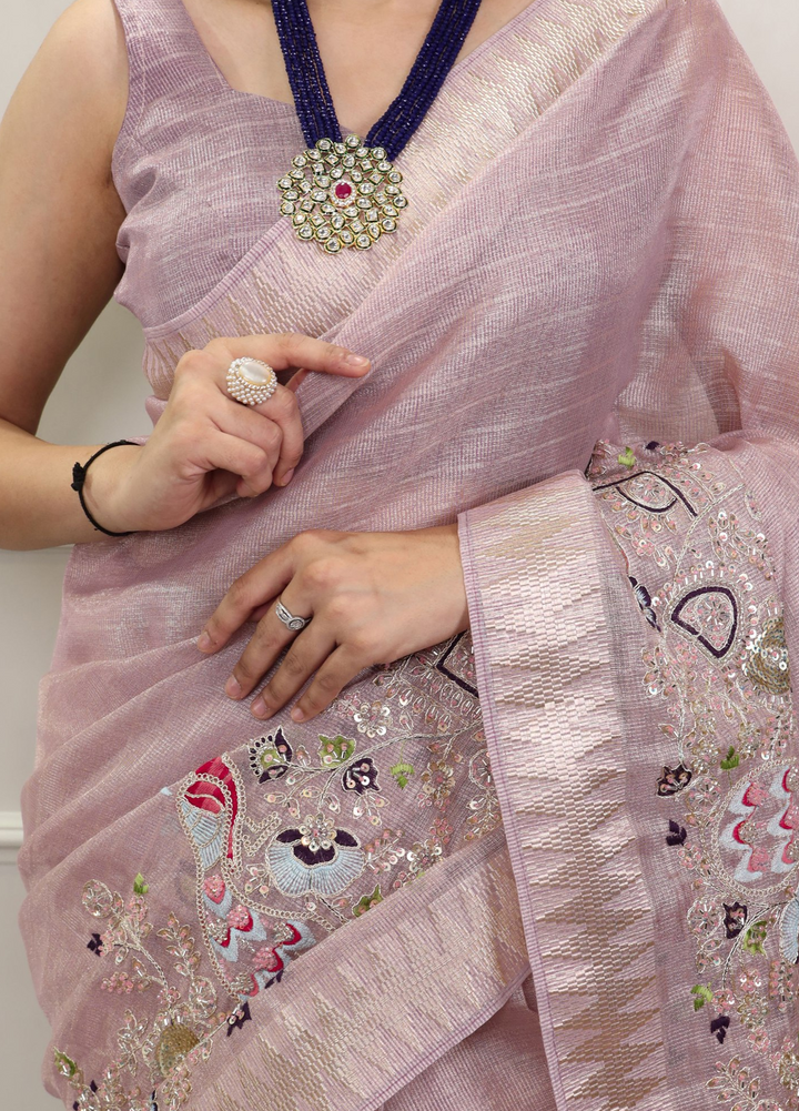 Elegant Party Wear Saree with Zari Border & Unstitched Blouse 3