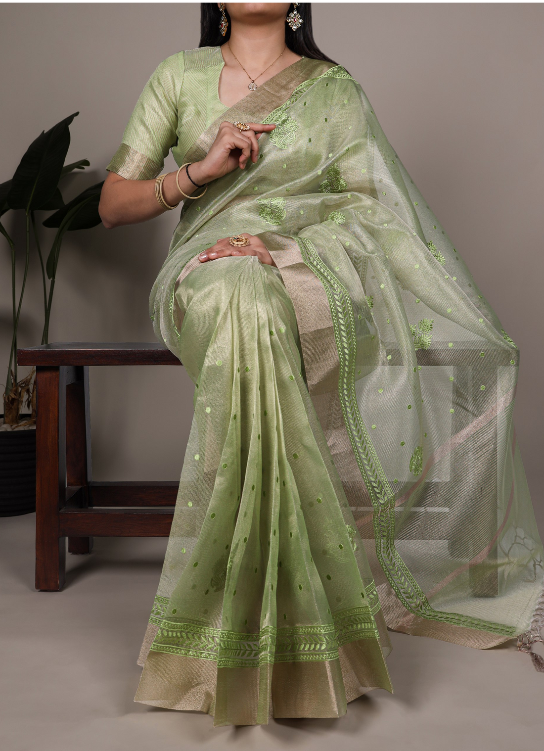 Lightweight Party Wear Shine Pista Poly Shimmer Saree with Thread Embroidery
