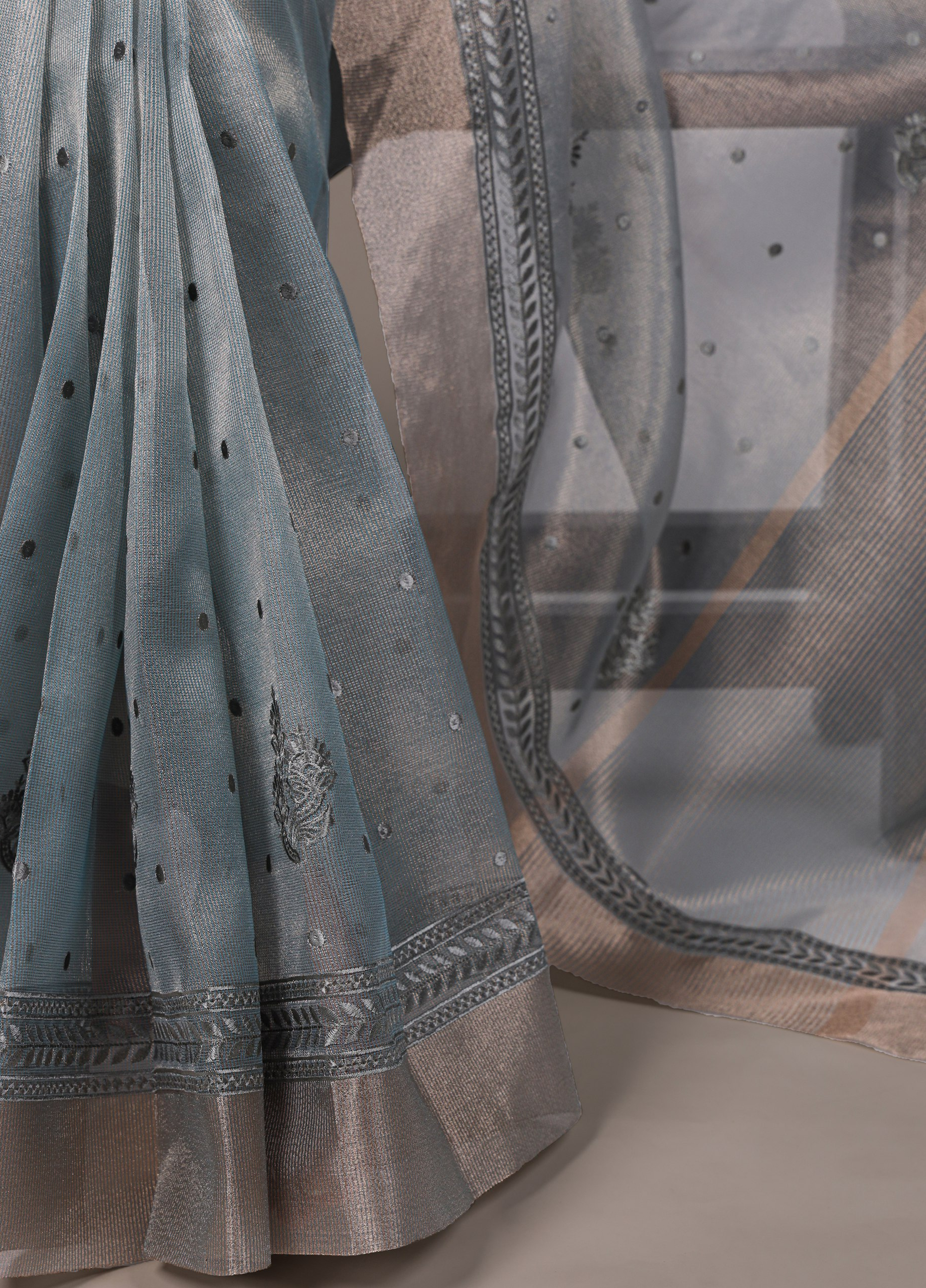 Lightweight Party Wear Shine Blue Poly Shimmer Saree with Thread Embroidery