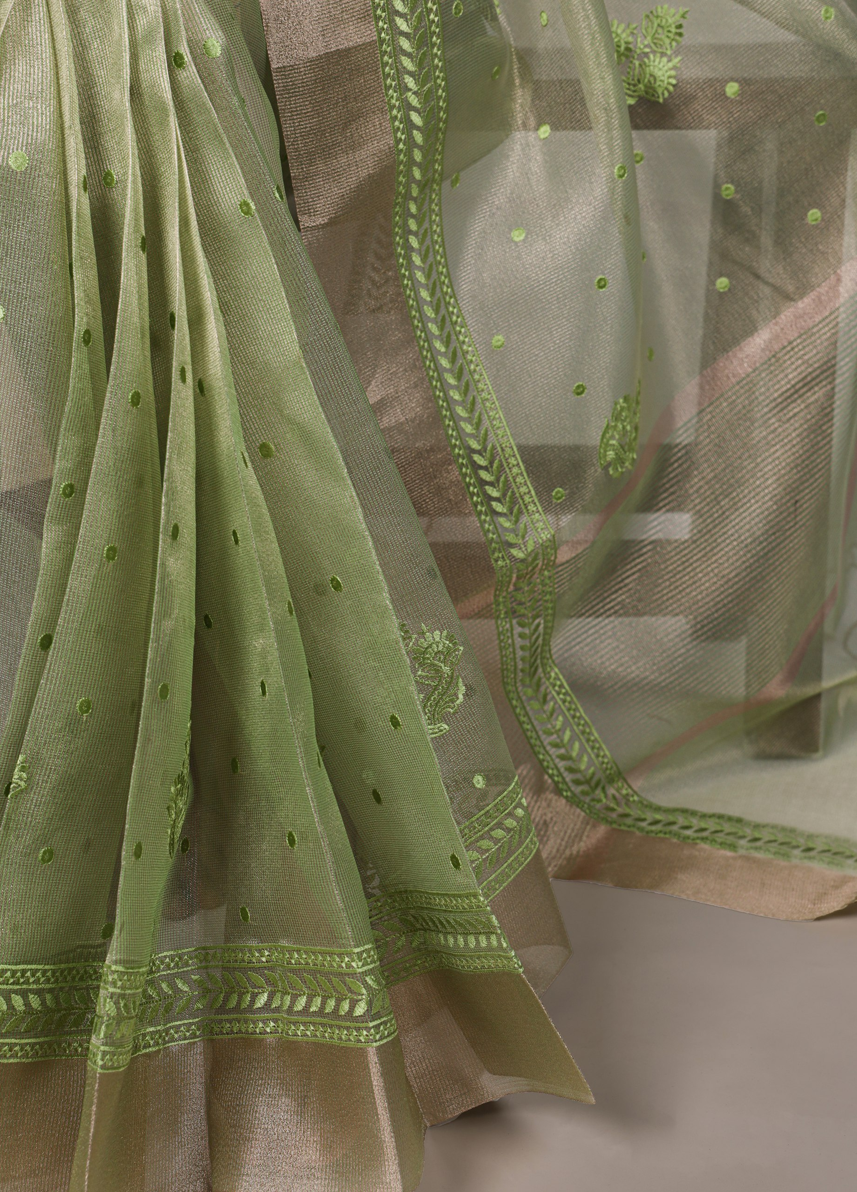 Lightweight Party Wear Shine Pista Poly Shimmer Saree with Thread Embroidery