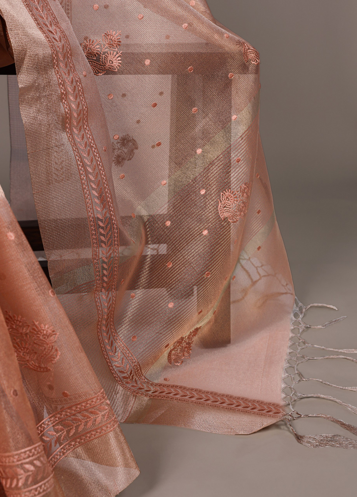 Lightweight Party Wear Shine Orange Poly Shimmer Saree with Thread Embroidery