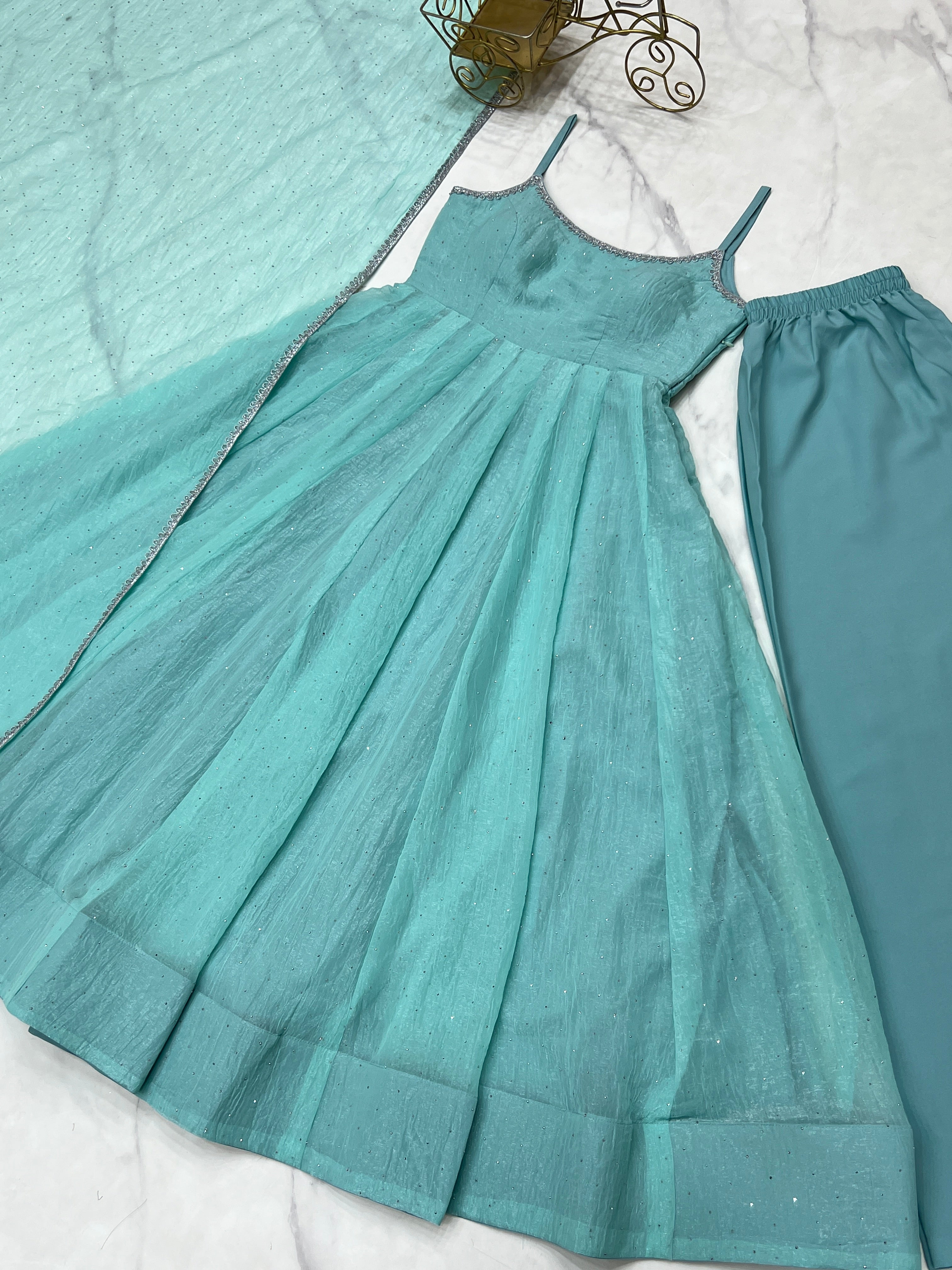 Crunchy Silk Sirozski Work Fully Flared Kali Anarkali Suit Set with Dupatta & Pant