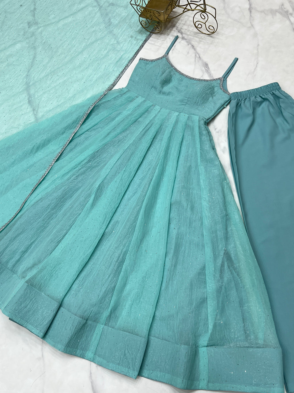 Crunchy Silk Sirozski Work Fully Flared Kali Anarkali Suit Set with Dupatta & Pant