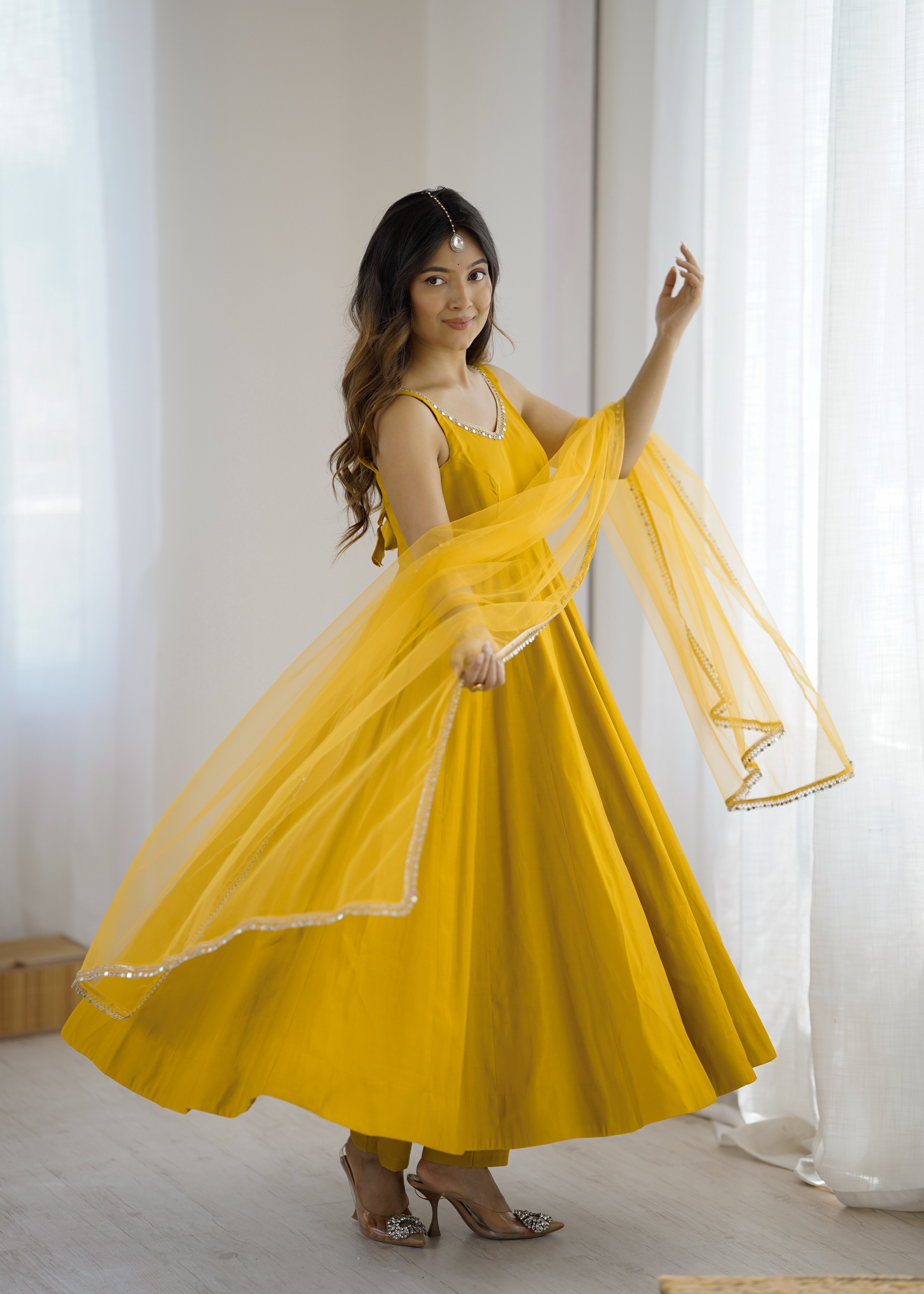 Pure Romansilk Yellow Chanderi Anarkali Set with Dupatta & Pant