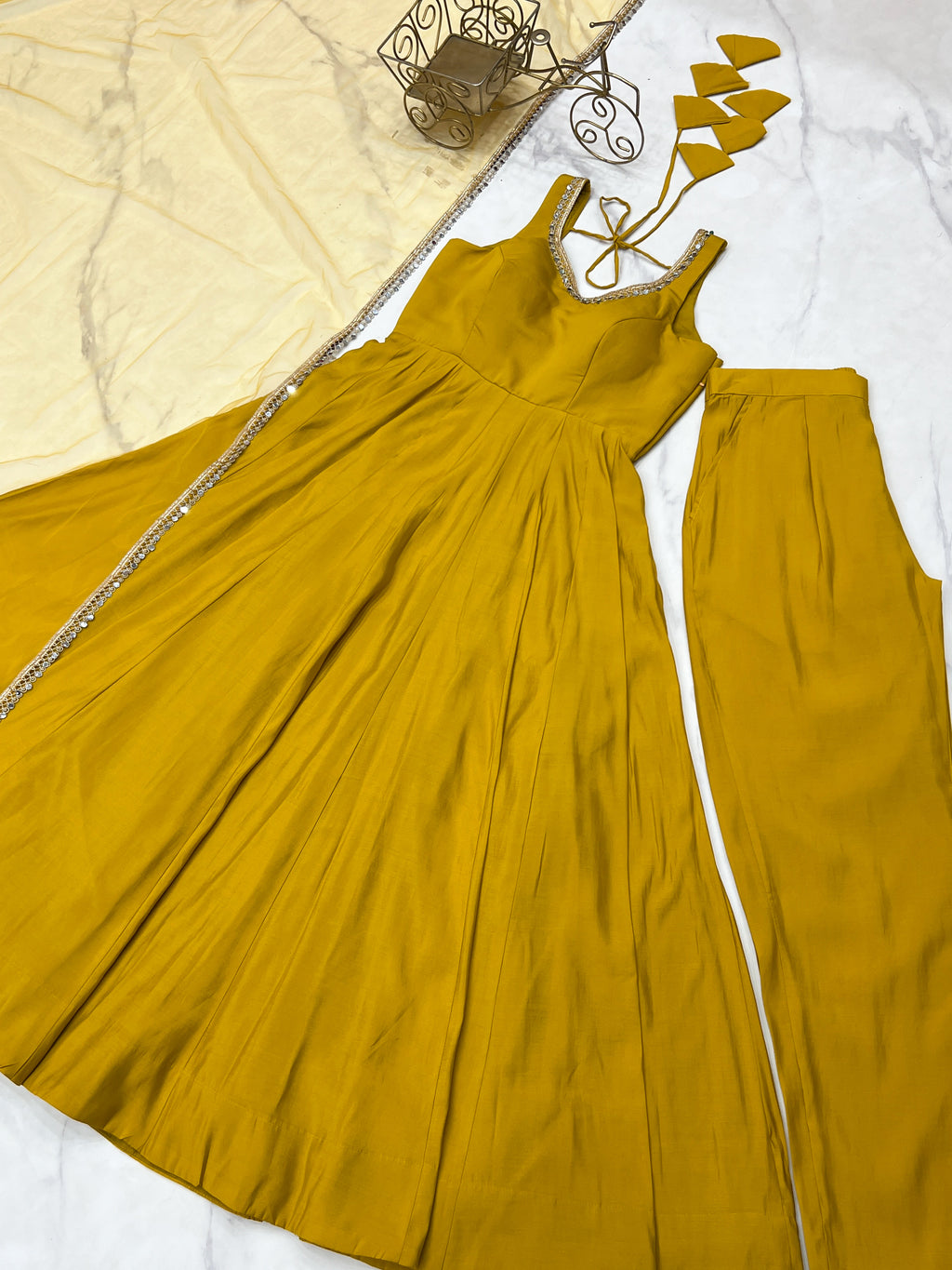 Pure Romansilk Yellow Chanderi Anarkali Set with Dupatta & Pant