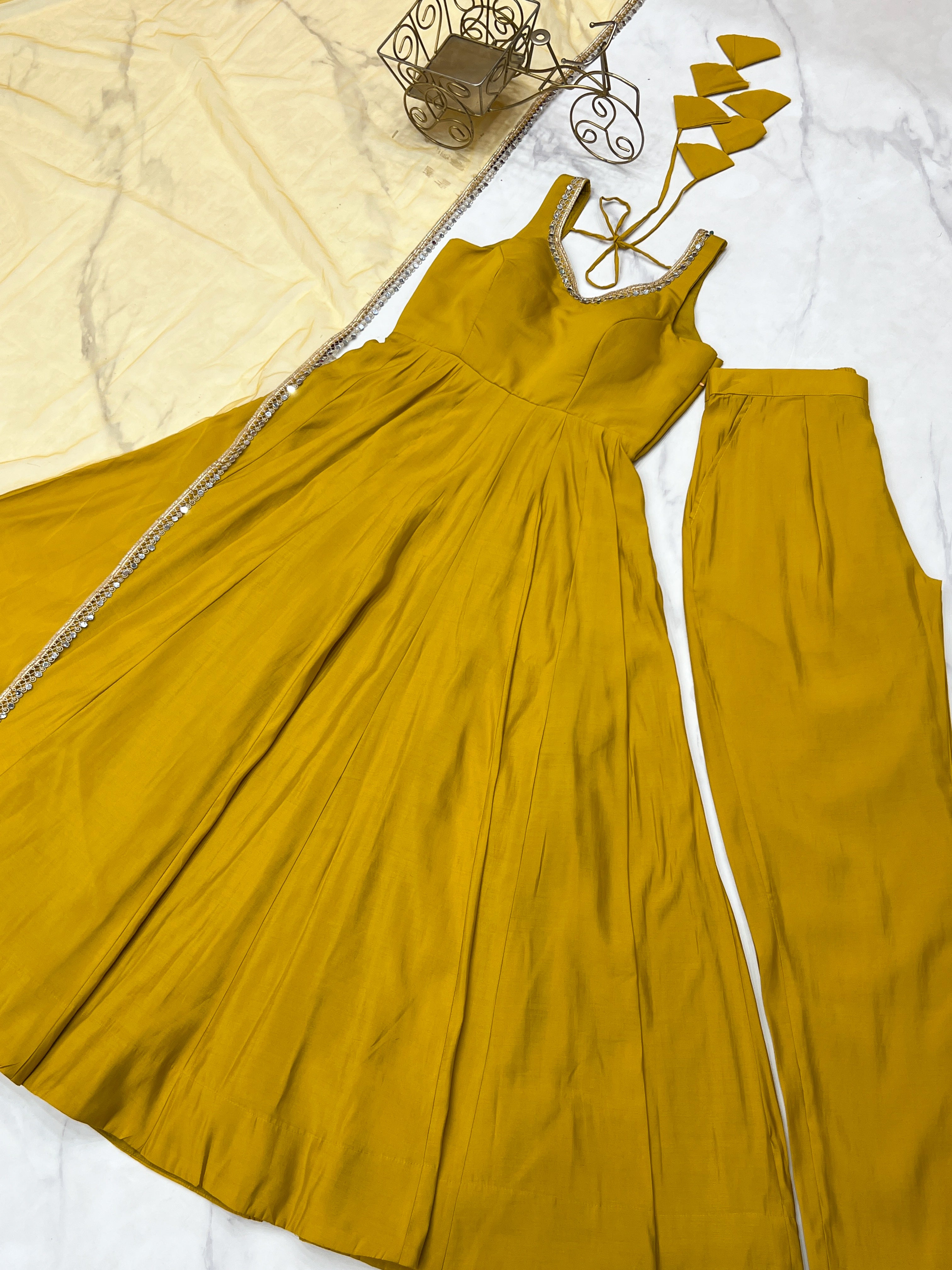 Pure Romansilk Yellow Chanderi Anarkali Set with Dupatta & Pant